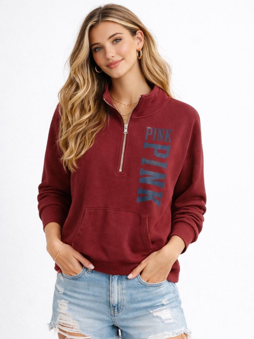 Pink Victorias Secret Sweater Womens Small Maroon Quarter Zip Pullover